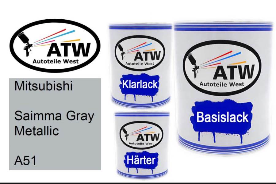 Mitsubishi, Saimma Gray Metallic, A51: 1L Lackdose + 1L Klarlack + 500ml Härter - Set, von ATW Autoteile West.